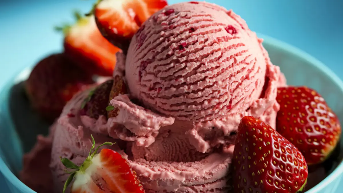 Sorvete de morango cremoso servido em tigela com morangos frescos, textura artesanal e cor natural da fruta