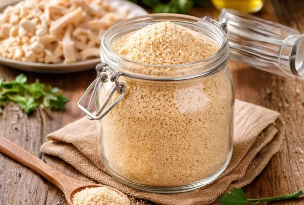 farinha de frango caseira pronta armazenada em pote de vidro