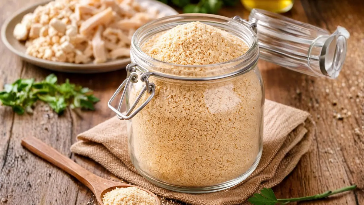 farinha de frango caseira pronta armazenada em pote de vidro